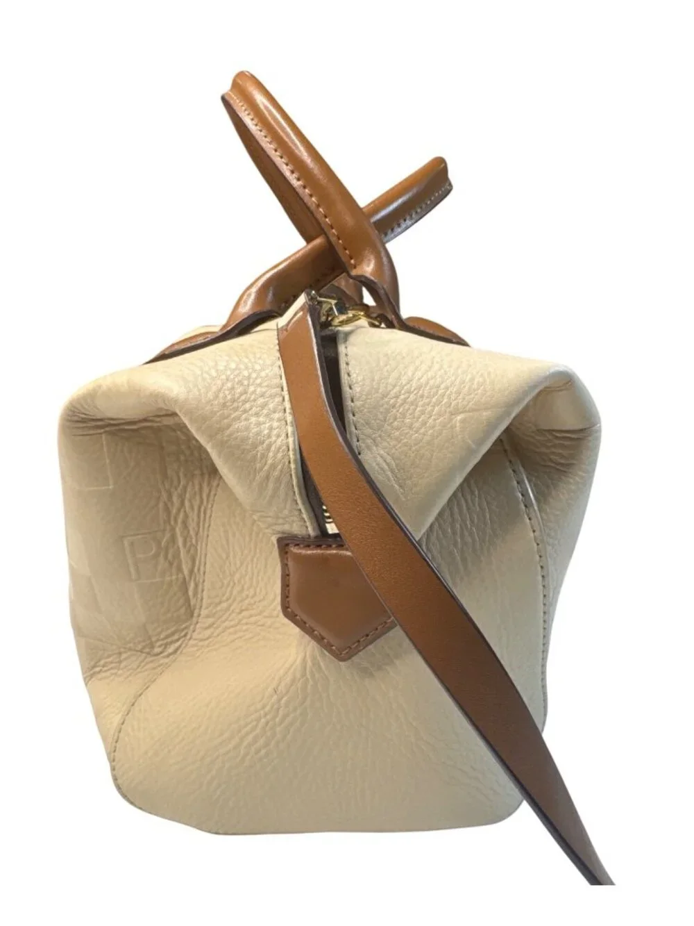 Purificación García Beige Checker Emossed Leather Satchel W/Brown Handles/Strap